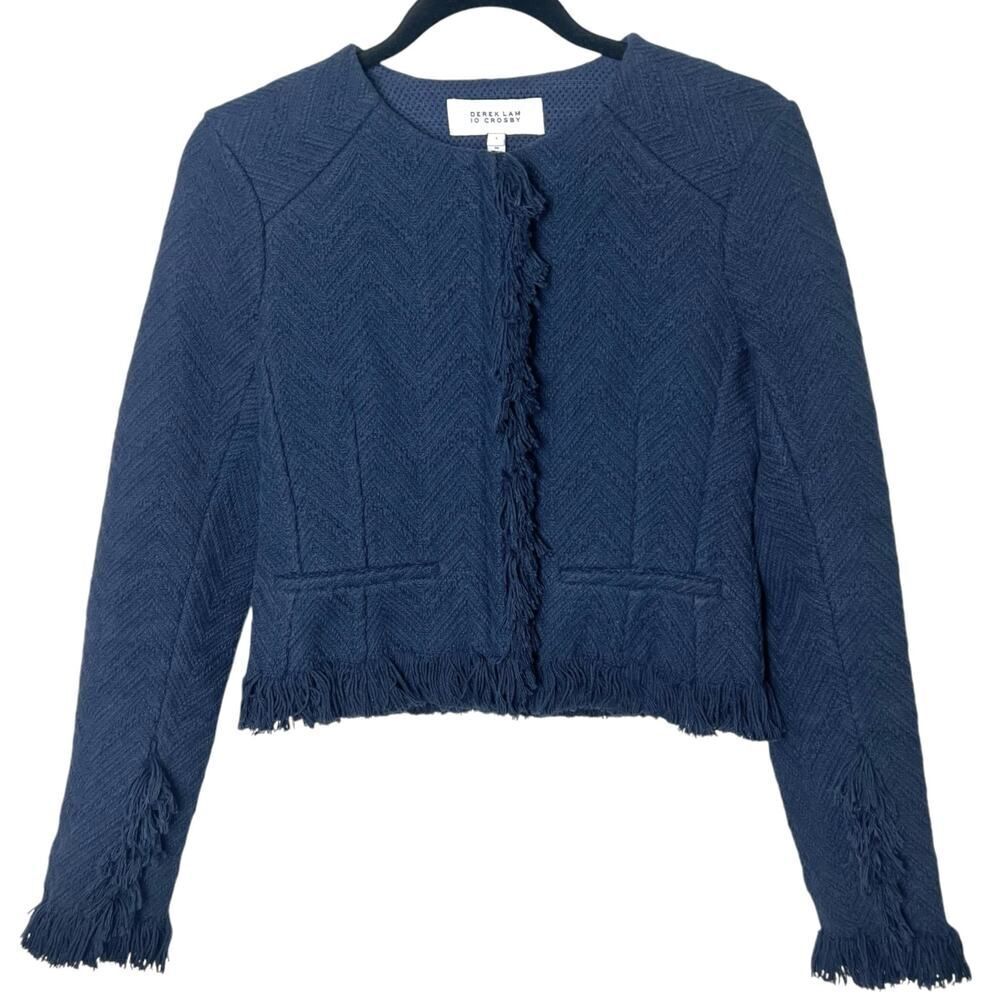 Derek Lam 10 Crosby Short Fringe Detail Cropped Jacket Blazer Navy Blue Sz 4